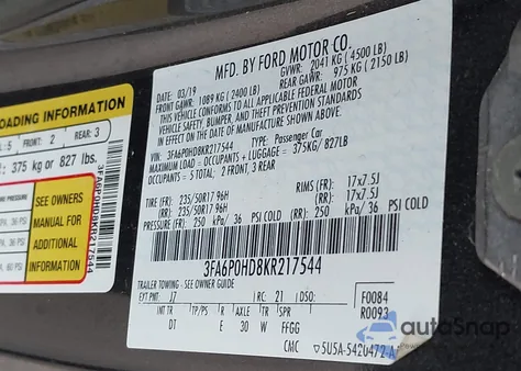 2019 Ford Fusion Se from USA, damaged, VIN 3FA6P0HD8KR217544